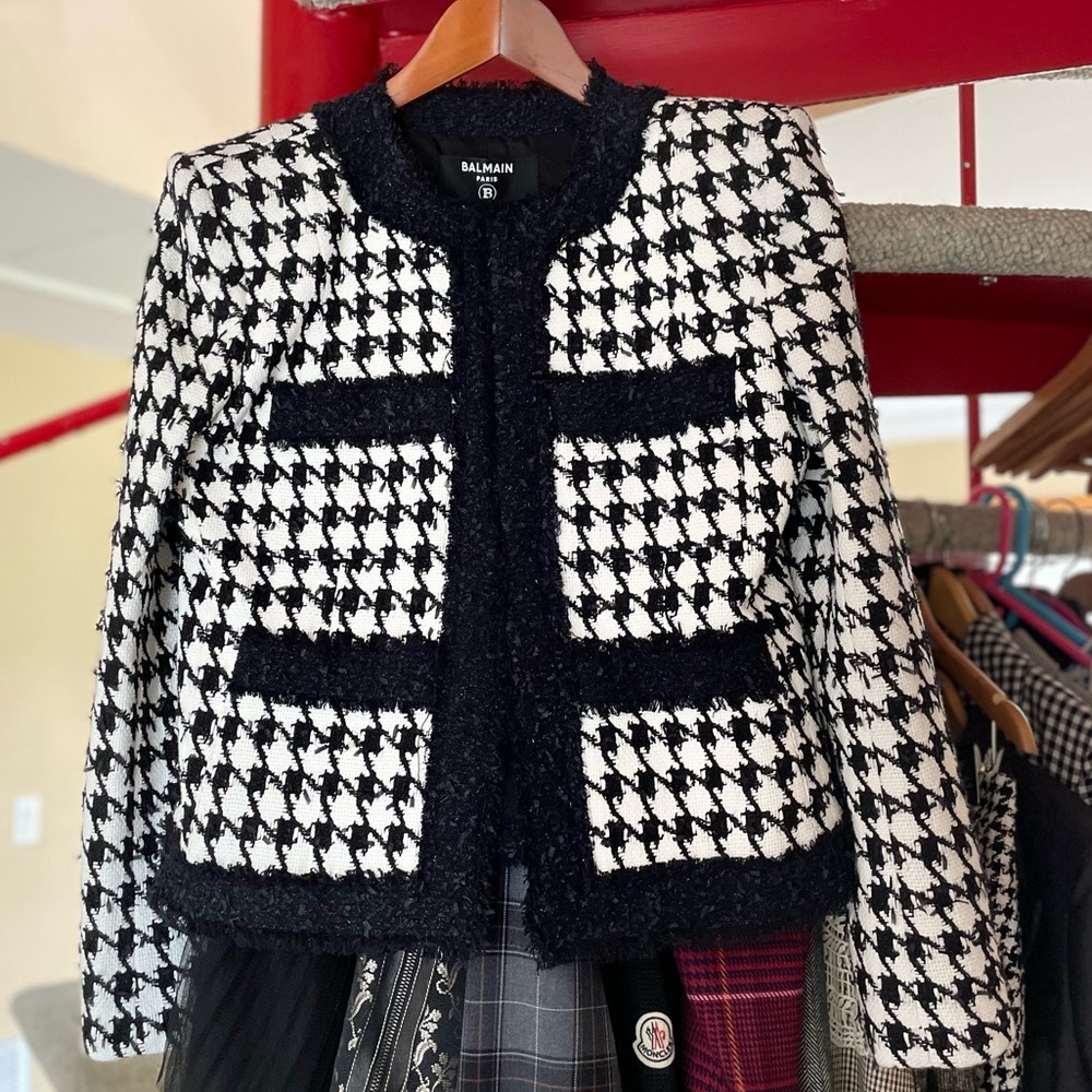 BALMAIN black white houndstooth tweed 4 pocket padded cropped jacket FR42 - Picture 16 of 16